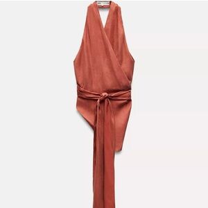 Zara Rust Wrap Halter Top with Waist Tie